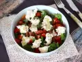 Frischer Salat mit Tomaten und cremigem Käse, der aussieht, als wäre er **burrata selber machen** leicht gemacht.