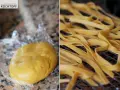 Frischer Teig für semola selber machen, daneben trocknet hausgemachte Pasta auf einem Rost.