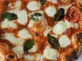 Perfekte Pizza Margherita, wie nach dem Caputo Pizzateig Rezept gemacht, mit geschmolzenem Mozzarella, Tomatensauce und frischem Basilikum.