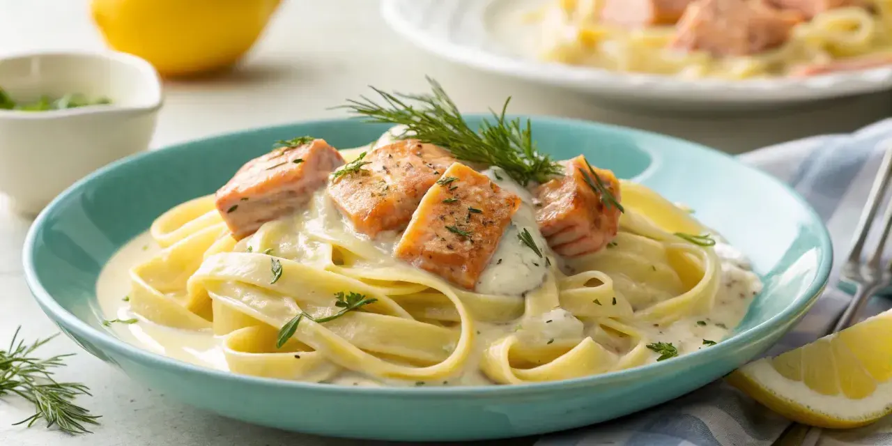 Tagliatelle mit Lachs in cremiger Soße, die durch Zitrone und Sahne mischen verfeinert wird. Garniert mit Dill und Kräutern.