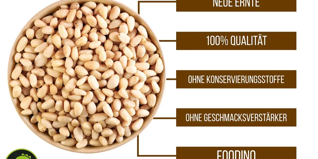 Schale mit Pinienkernen, die man roh essen kann. Neue Ernte, 100% Qualität, ohne Konservierungsstoffe und Geschmacksverstärker.