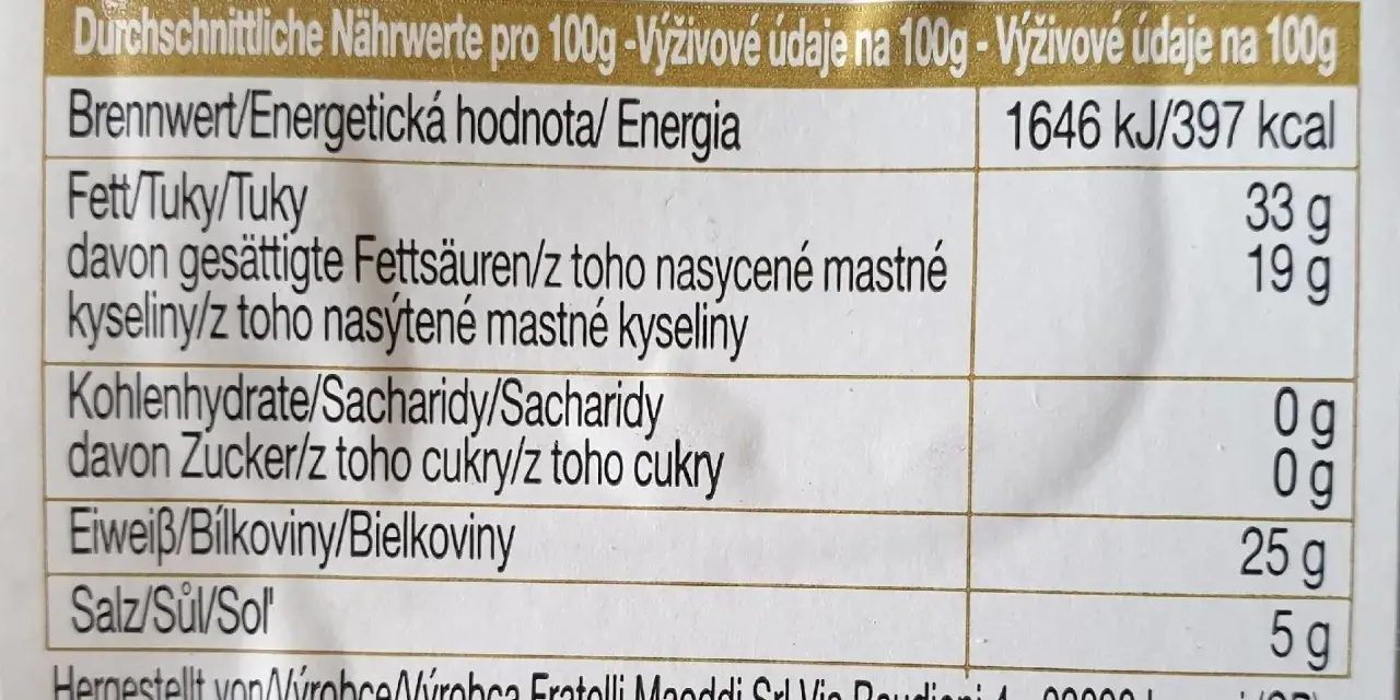 Nährwertangaben für Pecorino: 33g Fett, 25g Eiweiß, 0g Zucker. Ein gesunder Genuss!