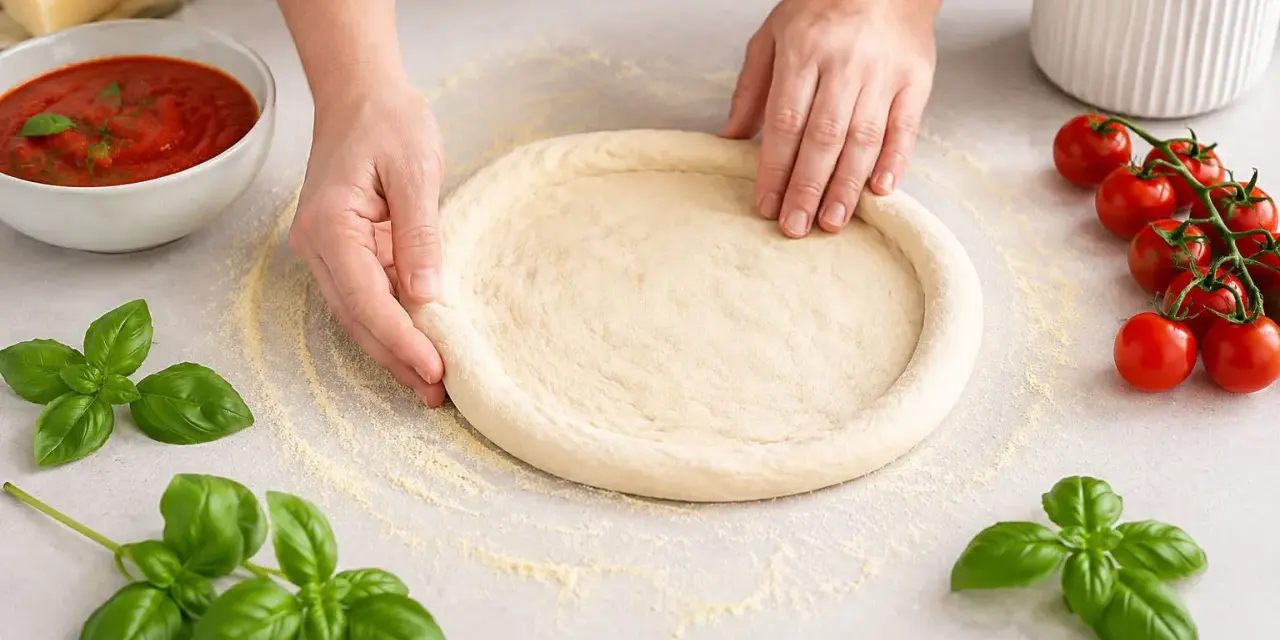 Hände formen einen Pizzaboden nach einem Pizzateig Rezept. Frische Tomaten und Basilikum liegen bereit.
