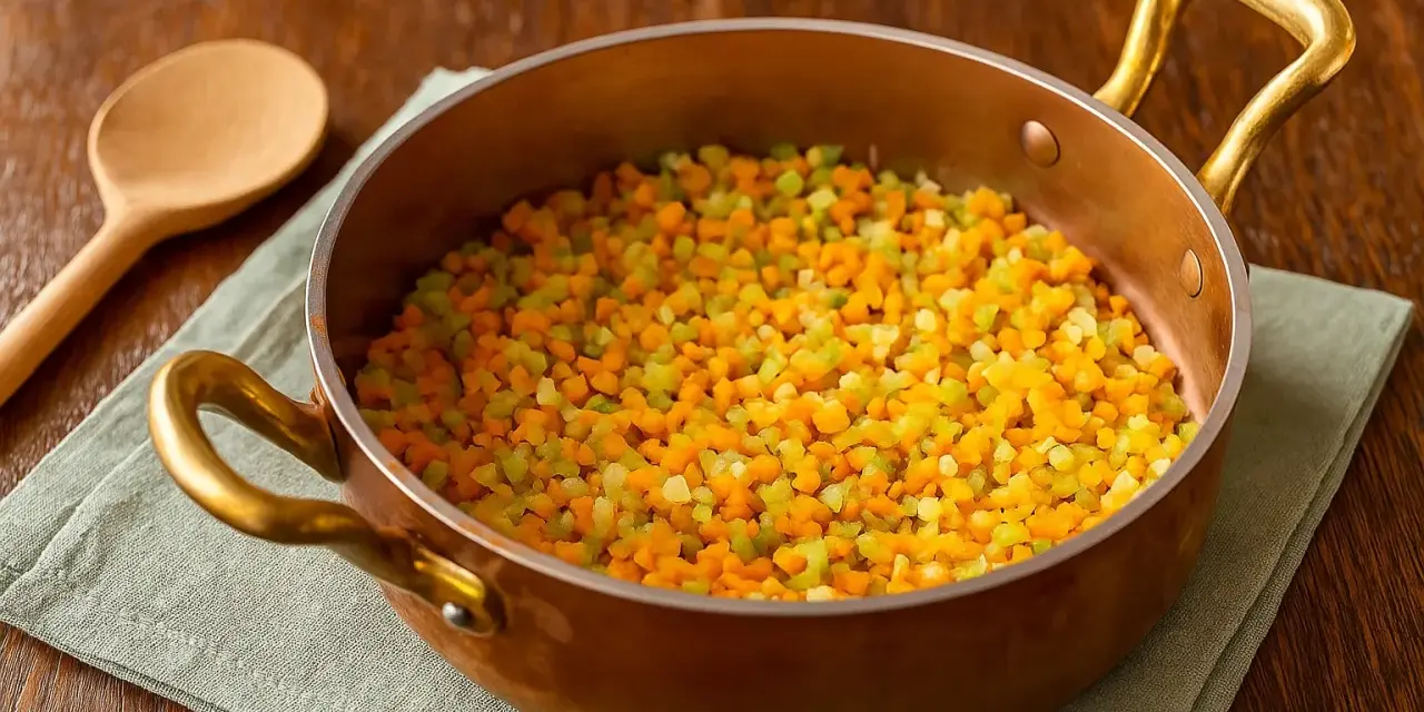 Fein gewürfeltes Gemüse, die Basis für Sofrito, in einer Kupferpfanne. Ein Holzlöffel liegt daneben.