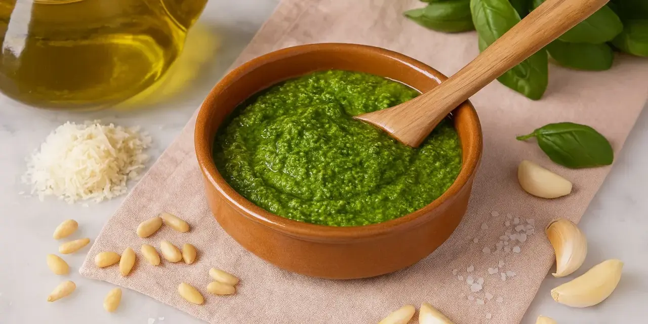 Frisches Pesto-Rezept original in einer Schale, umgeben von Basilikum, Pinienkernen, Knoblauch, Parmesan und Olivenöl.