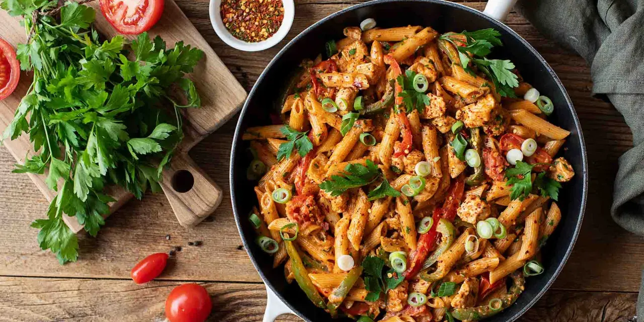 Herzhafte Penne mit Hähnchen, Paprika und Tomaten in einer cremigen Sauce. Ein tolles Beispiel für ausgefallene Pasta Rezepte, garniert mit frischer Petersilie und Frühlingszwiebeln.