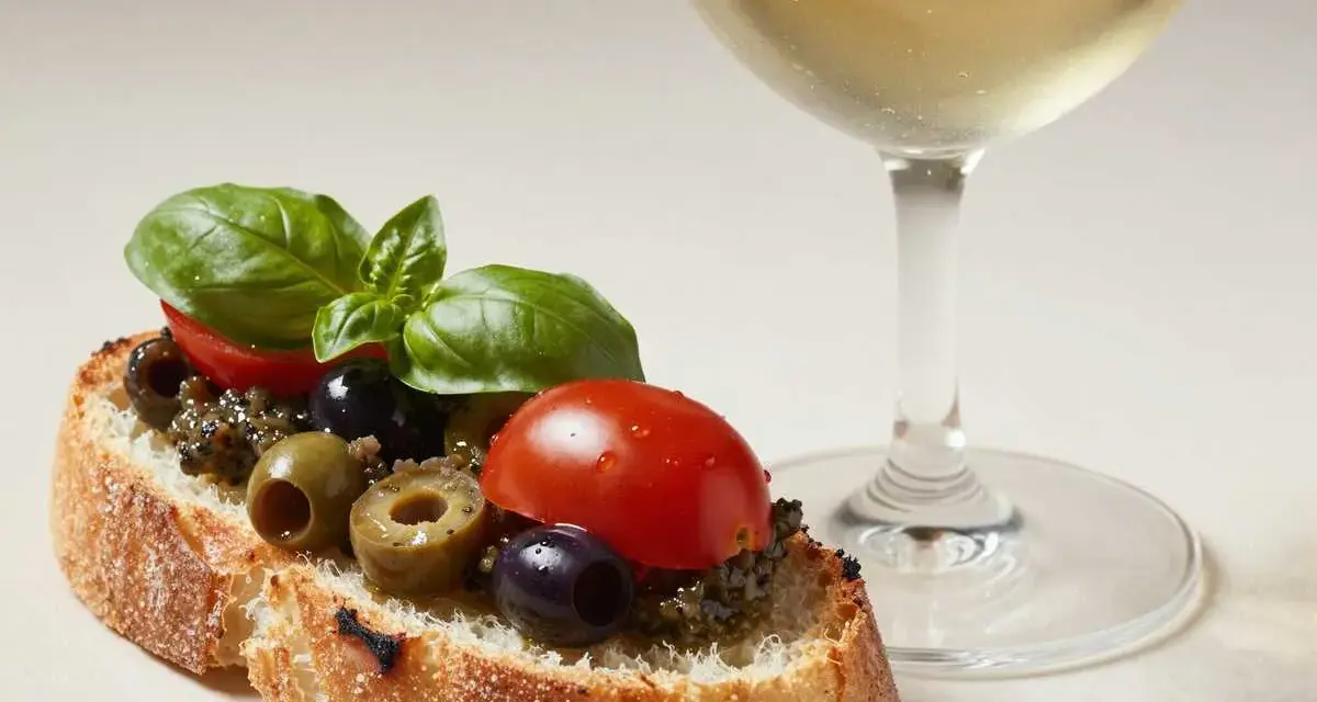 Bruschetta mit Olivencreme, Tomaten und Basilikum. Ein Glas Weißwein daneben. Perfekt für ein schnelles olivencreme rezept.