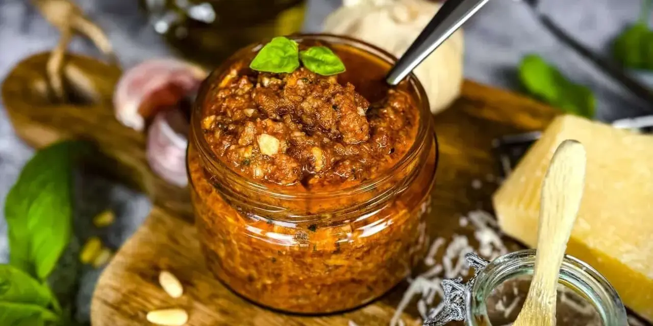 Ein Glas mit leuchtend rotem Pesto, garniert mit Basilikum. Daneben liegen Pinienkerne, Knoblauch und ein Stück Parmesan.