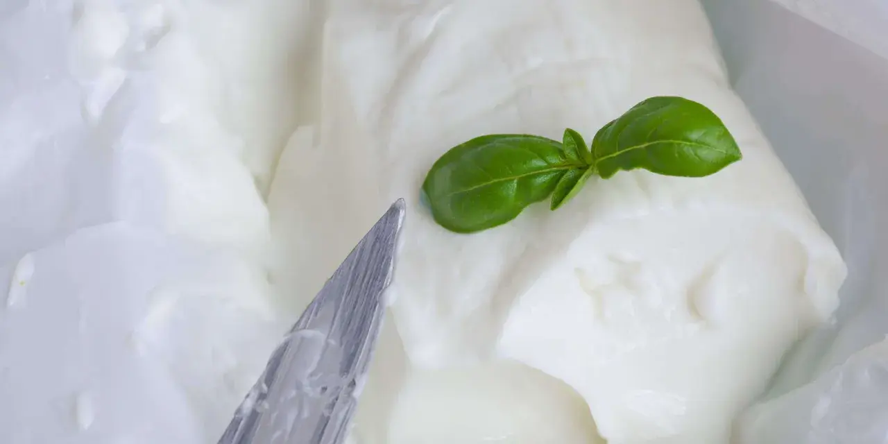 Cremiger Stracchino Käse mit Basilikum, bereit für ein köstliches Stracchino Rezept. Ein Messer liegt daneben.