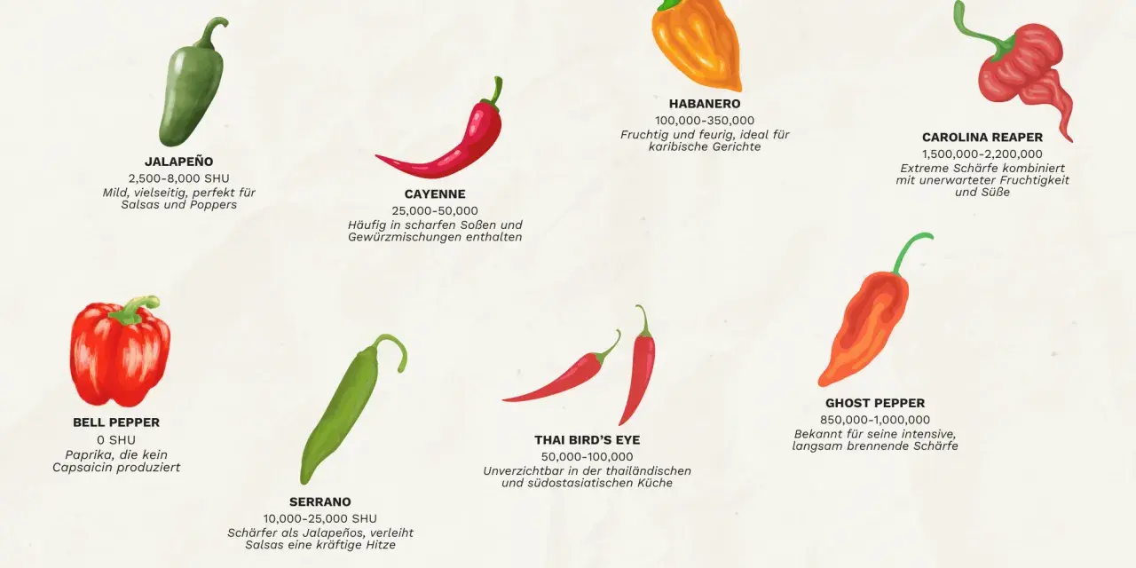 Die Grafik zeigt 8 Paprikasorten von mild bis extrem scharf. Der Jalapeño ist mild, aber ist peperoni scharf genug für Salsas.
