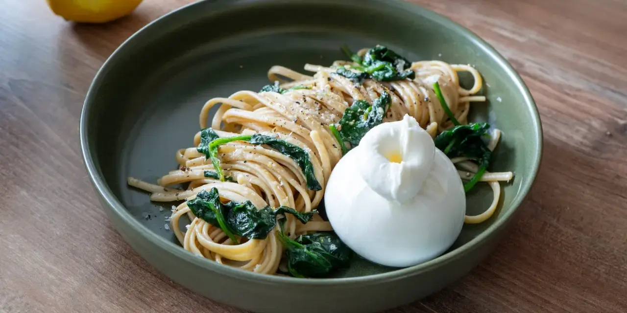 Pasta mit Spinat, Zitrone, Sahne und Parmesan, gekrönt von einem cremigen Burrata.