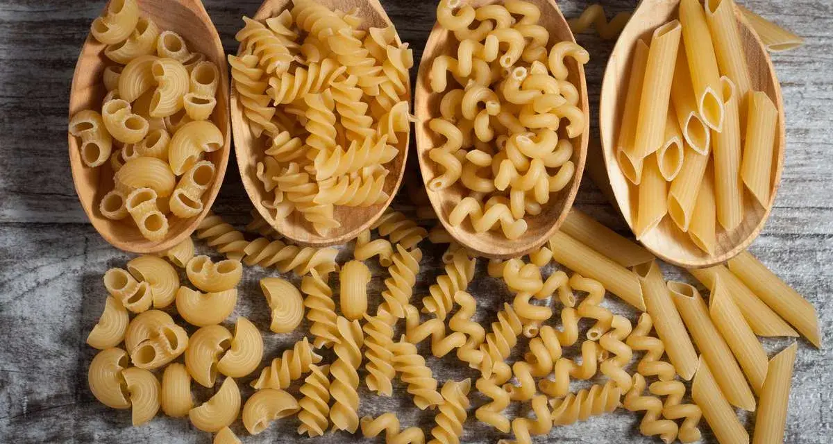 Vier Holzlöffel mit verschiedenen Nudelsorten: Maccheroni, Fusilli, Cavatappi und Penne. Die perfekte Menge Nudeln pro Person für ein köstliches Essen.