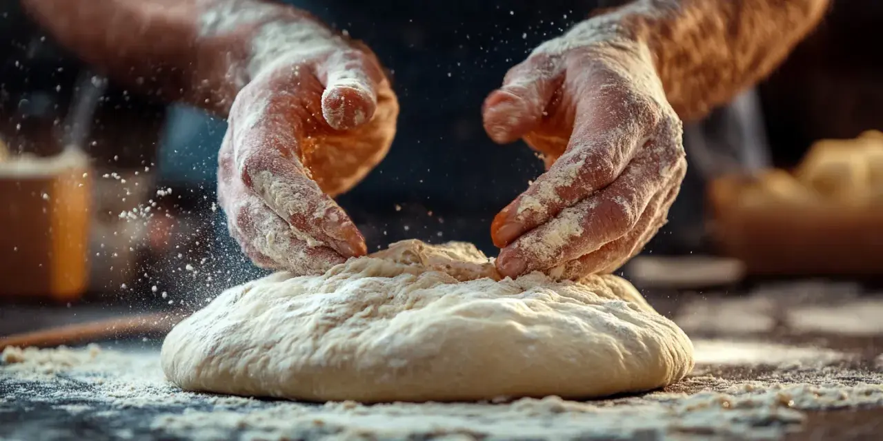 Hände kneten Teig, bedeckt mit nudel mehl. Feiner Staub wirbelt auf.