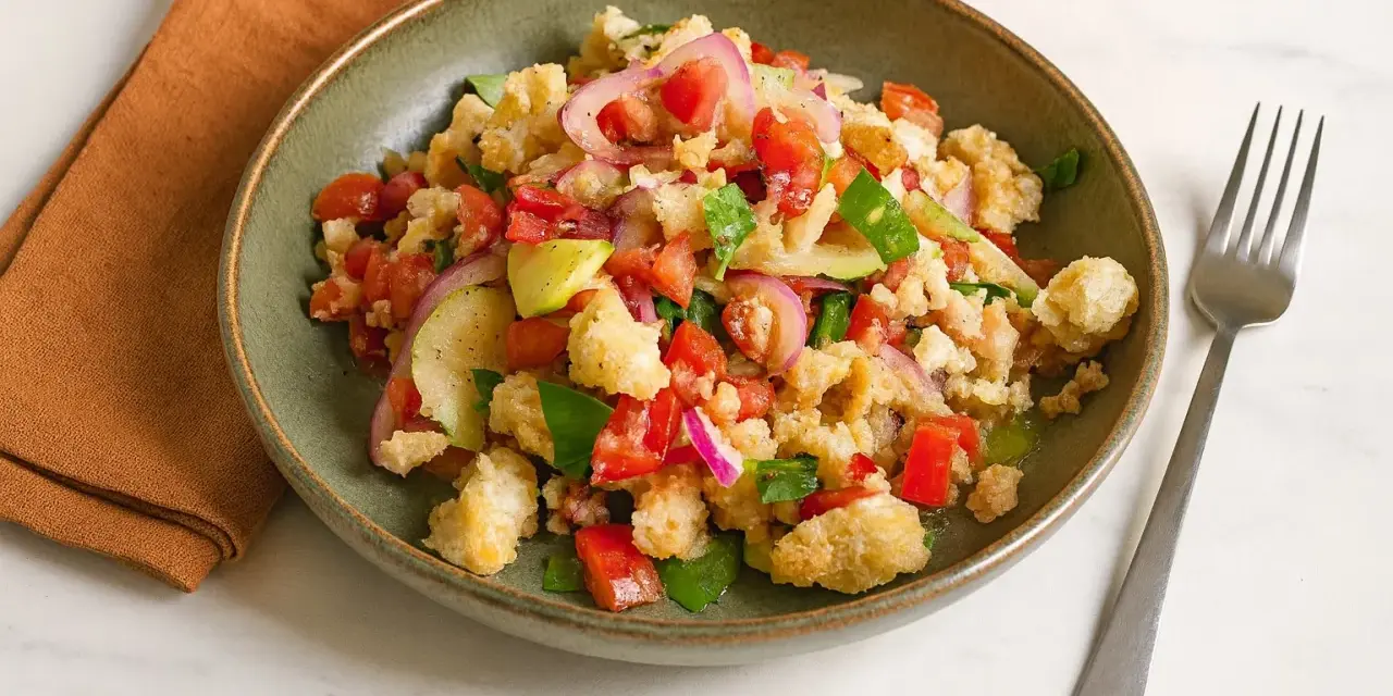 Panzanella rezept: Ein rustikaler Salat mit Brotstücken, Tomaten, Gurken und roten Zwiebeln in einer grünen Schüssel.