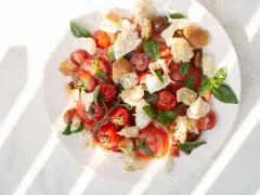 Ein frischer Tomaten Mozzarella Salat, original italienisch, mit Brotstücken und Basilikum, serviert auf einem weißen Teller.