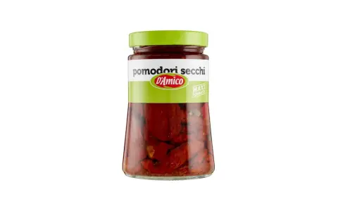 Glas mit leuchtend roten, eingelegten pomodori secchi von D'Amico. Ein Maxi-Format für Liebhaber des intensiven Geschmacks.