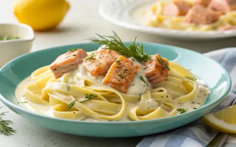 Tagliatelle mit Lachs in cremiger Soße, die durch Zitrone und Sahne mischen verfeinert wird. Garniert mit Dill und Kräutern.
