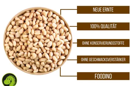 Schale mit Pinienkernen, die man roh essen kann. Neue Ernte, 100% Qualität, ohne Konservierungsstoffe und Geschmacksverstärker.