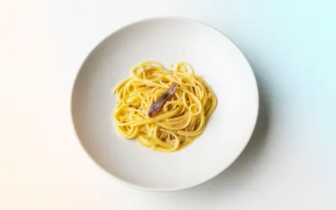 Spaghetti mit einer Sardelle, die zeigt, was sind Sardellen: kleine, salzige Fische, die Pasta verfeinern.