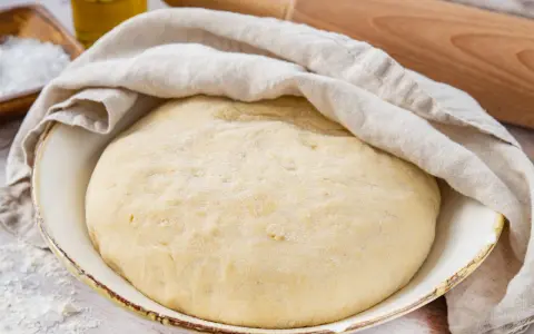 Der weltbeste Pizzateig mit Trockenhefe ruht abgedeckt in einer Schüssel. Daneben liegen Salz, Olivenöl und ein Nudelholz.