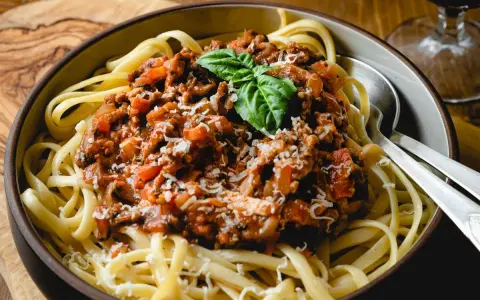 Herzhafte bolognese mit speck, serviert auf Bandnudeln, garniert mit Basilikum und Parmesan.