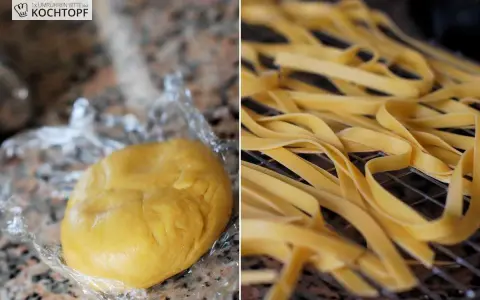 Frischer Teig für semola selber machen, daneben trocknet hausgemachte Pasta auf einem Rost.