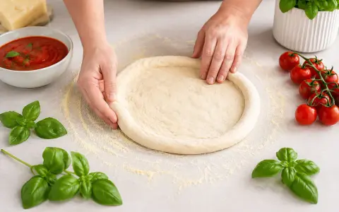 Hände formen einen Pizzaboden nach einem Pizzateig Rezept. Frische Tomaten und Basilikum liegen bereit.