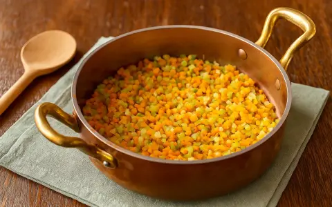 Fein gewürfeltes Gemüse, die Basis für Sofrito, in einer Kupferpfanne. Ein Holzlöffel liegt daneben.
