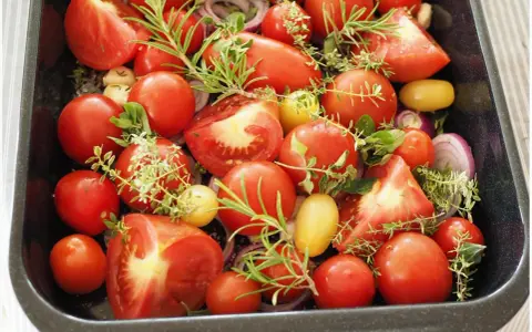 Tomaten einkochen im Backofen: Frische Tomaten, Zwiebeln und Kräuter in einer Auflaufform, bereit für den Ofen.