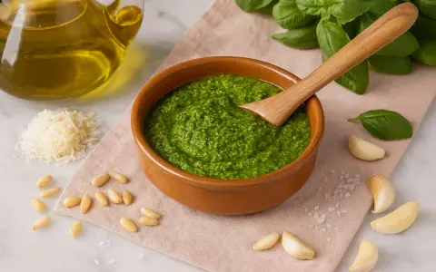 Frisches Pesto-Rezept original in einer Schale, umgeben von Basilikum, Pinienkernen, Knoblauch, Parmesan und Olivenöl.