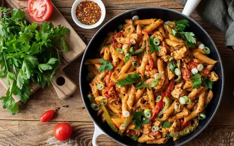 Herzhafte Penne mit Hähnchen, Paprika und Tomaten in einer cremigen Sauce. Ein tolles Beispiel für ausgefallene Pasta Rezepte, garniert mit frischer Petersilie und Frühlingszwiebeln.