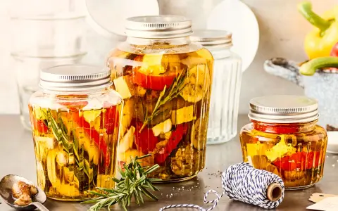 Drei Gläser mit italienischem Fingerfood: eingelegtes Gemüse wie Paprika und Zucchini mit Kräutern in Öl.