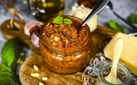 Ein Glas mit leuchtend rotem Pesto, garniert mit Basilikum. Daneben liegen Pinienkerne, Knoblauch und ein Stück Parmesan.