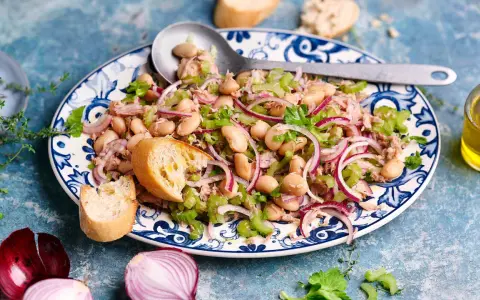 Ein köstlicher Thunfisch Bohnen Salat Italienisch mit roten Zwiebeln, Sellerie und Brot.