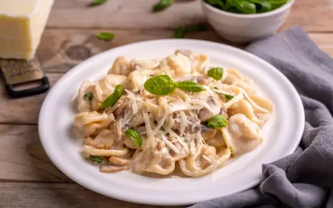 Cremige Tortellini Funghi mit frischem Basilikum und Parmesan. Ein Genuss für jeden Pasta-Liebhaber.