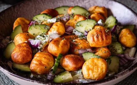 Herzhafter Gnocchi Salat mit Gurken, roten Zwiebeln und einem cremigen Dressing, garniert mit Kräutern.