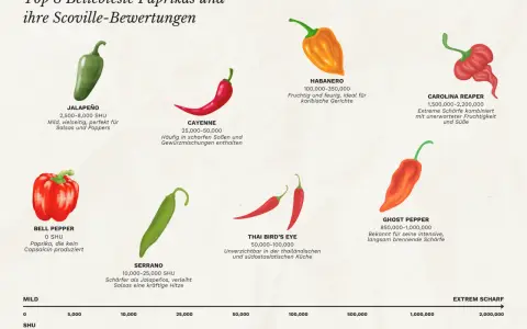 Die Grafik zeigt 8 Paprikasorten von mild bis extrem scharf. Der Jalapeño ist mild, aber ist peperoni scharf genug für Salsas.