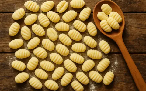 Frische Gnocchi Nudeln, liebevoll geformt und auf einem rustikalen Holztisch arrangiert, einige davon auf einem Holzlöffel.