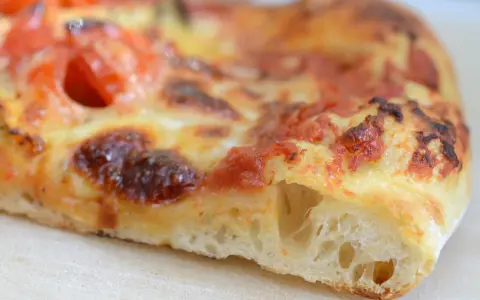 Ein Stück Pizza mit geschmolzenem Käse und Tomaten. Der Teig ist luftig und goldbraun gebacken, typisch für eine Pizza Sourdough.