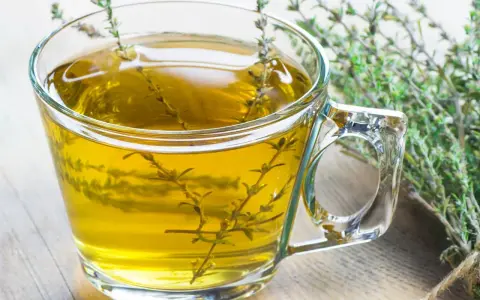 Ein Glas mit goldenem Thymiantee, daneben ein Bund frischer Thymian. Man kann den Thymian roh essen, aber Tee ist auch lecker.