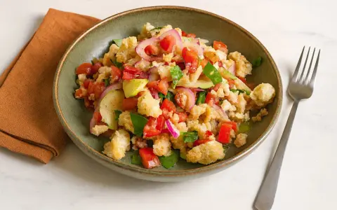 Panzanella rezept: Ein rustikaler Salat mit Brotstücken, Tomaten, Gurken und roten Zwiebeln in einer grünen Schüssel.
