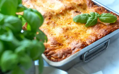 Frisch gebackene Lasagne im Ofen, goldbraun überbacken, mit frischem Basilikum garniert. Ein perfektes Lasagne Rezept für Genießer.
