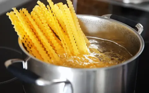 Lange, gewellte vermicelli noodles kochen in sprudelndem Wasser in einem Edelstahltopf.