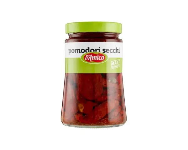 Glas mit leuchtend roten, eingelegten pomodori secchi von D'Amico. Ein Maxi-Format für Liebhaber des intensiven Geschmacks.