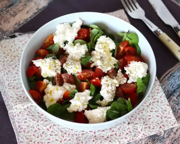 Frischer Salat mit Tomaten und cremigem Käse, der aussieht, als wäre er **burrata selber machen** leicht gemacht.