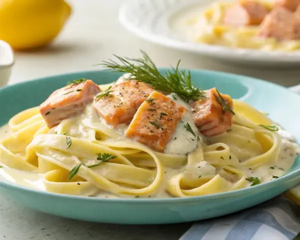 Tagliatelle mit Lachs in cremiger Soße, die durch Zitrone und Sahne mischen verfeinert wird. Garniert mit Dill und Kräutern.