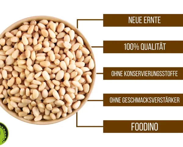 Schale mit Pinienkernen, die man roh essen kann. Neue Ernte, 100% Qualität, ohne Konservierungsstoffe und Geschmacksverstärker.
