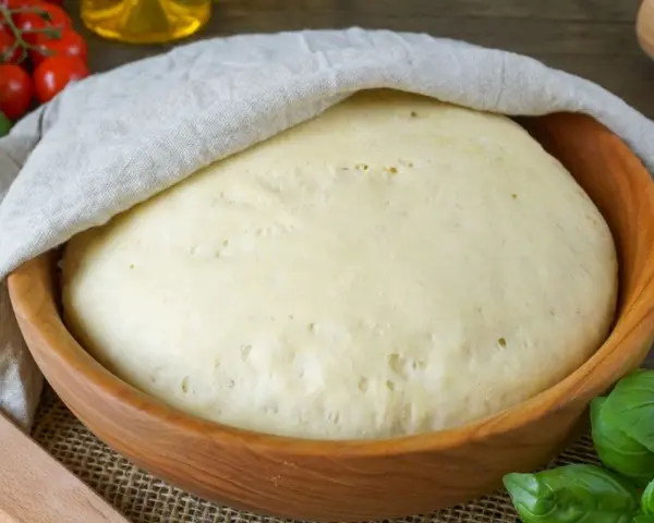 Ein aufgegangener Pizzateig in einer Holzschüssel, bedeckt mit einem Tuch. Die Frage "wie lange pizzateig gehen lassen" wird hier visuell beantwortet.