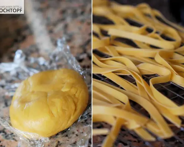Frischer Teig für semola selber machen, daneben trocknet hausgemachte Pasta auf einem Rost.