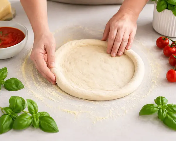 Hände formen einen Pizzaboden nach einem Pizzateig Rezept. Frische Tomaten und Basilikum liegen bereit.